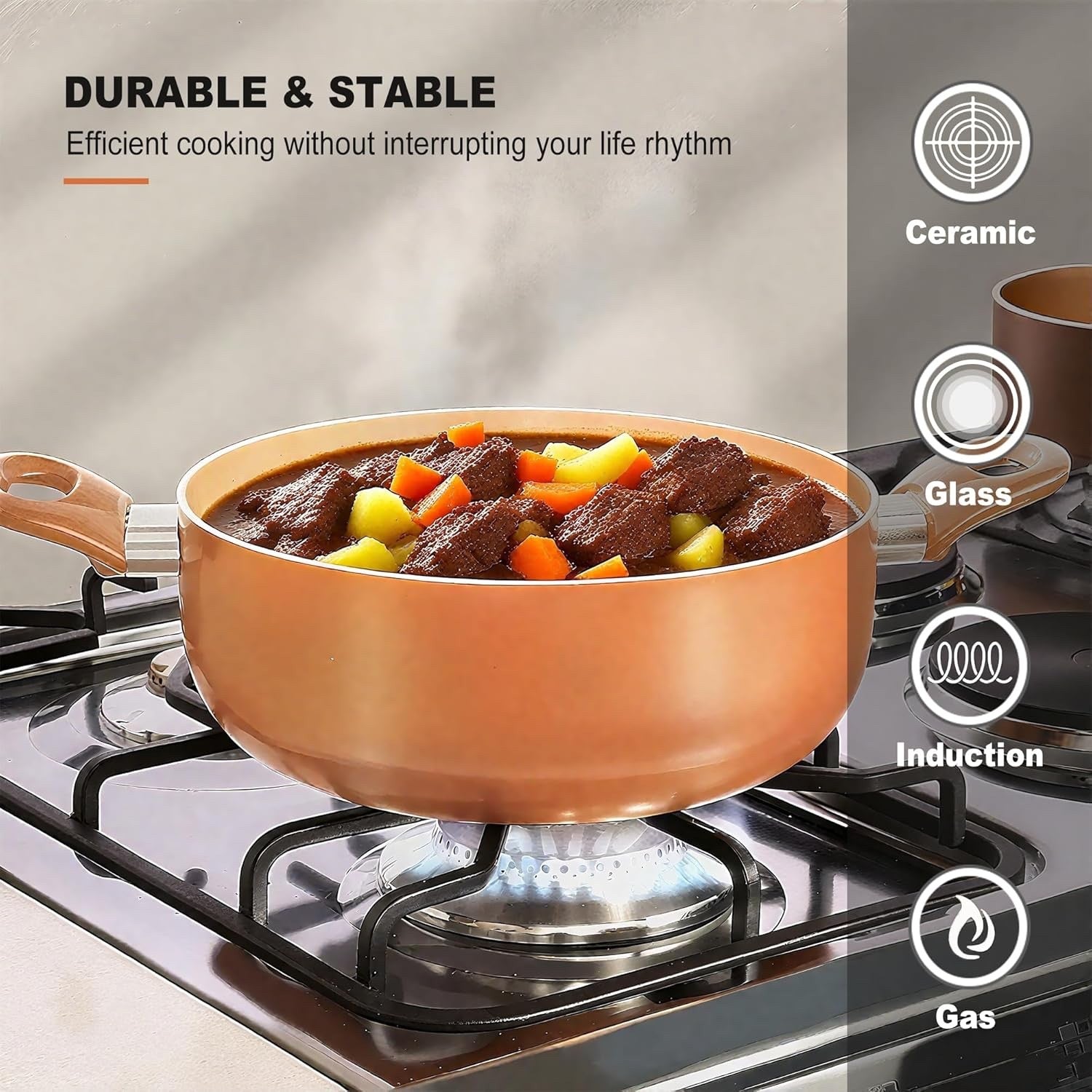 11pcs Copper Non Stick Cookware Set Induction Pots & Pans Dishwasher Safe