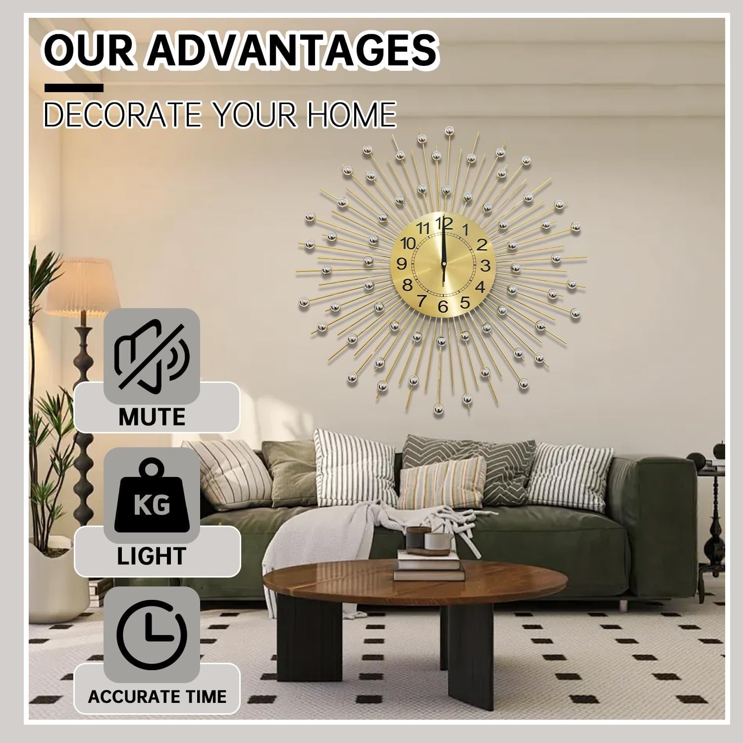 60cm Gold Sunburst Wall Clock – Silent Quartz Modern Decorative Metal Design