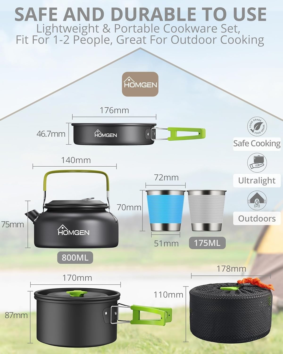 Green Camping Cookware Set with Pot Frying Pan, Kettle & Utensils for 2–3 People