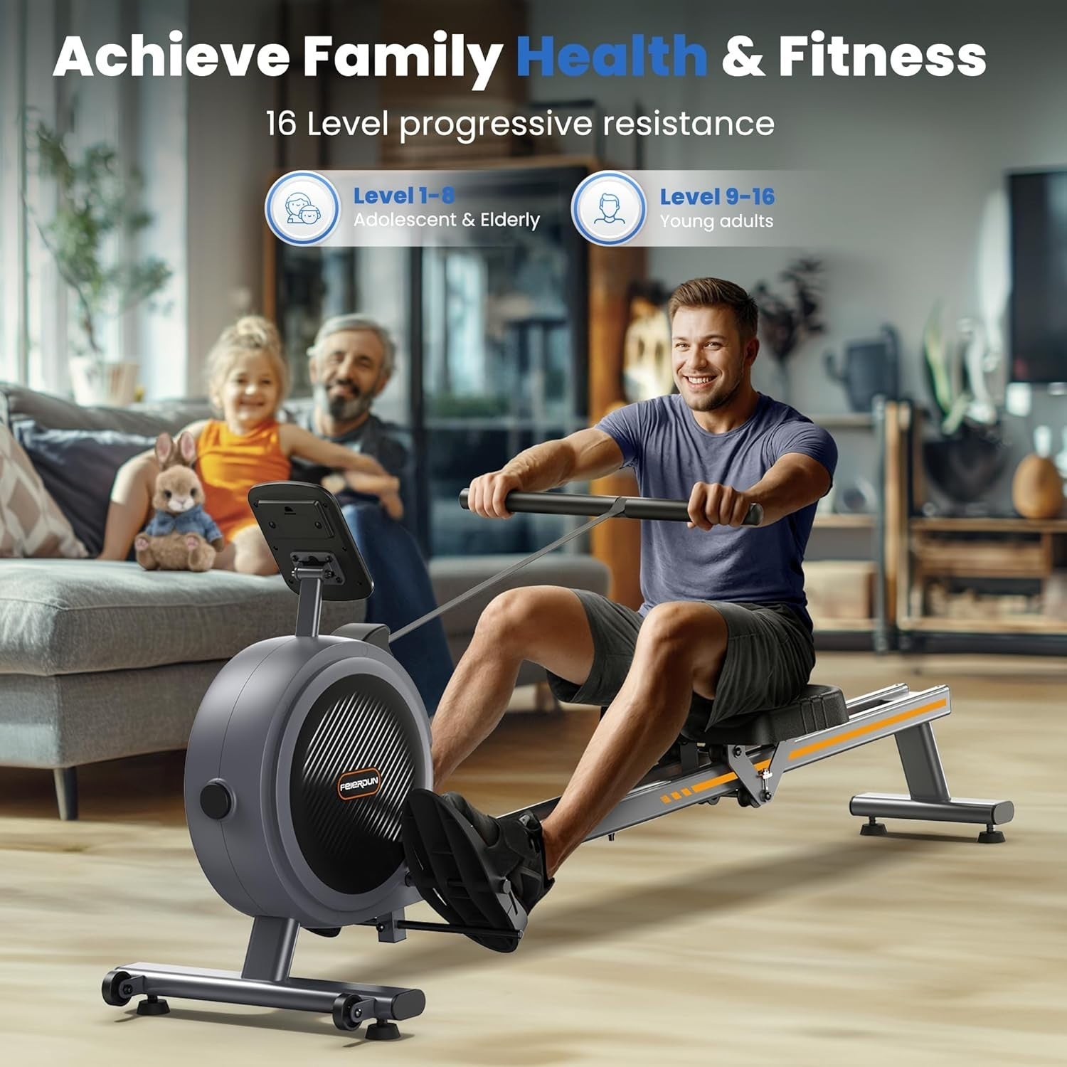 Magnetic Rowing Machine 16-Level Resistance Dual Rail App Smart LCD 350LB Home