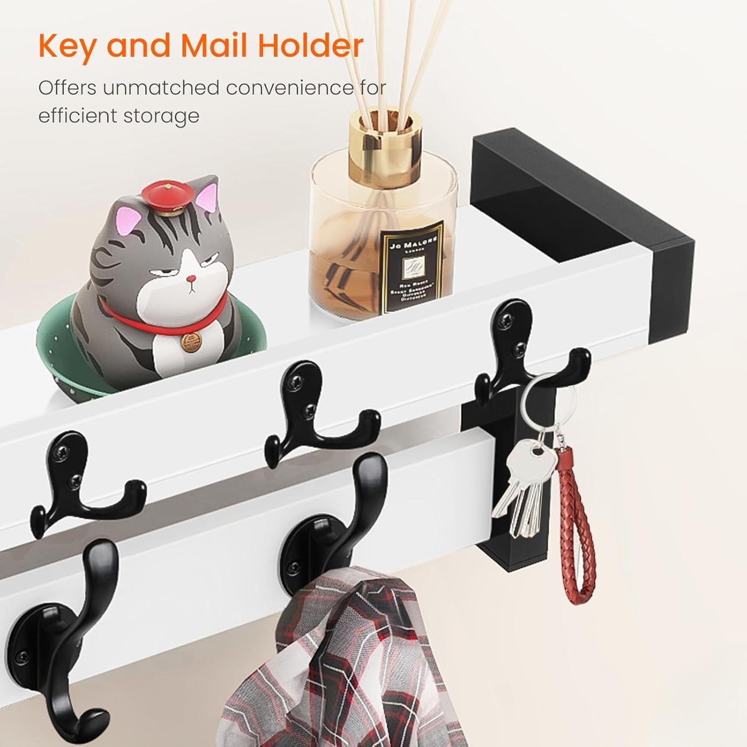 White Wall Coat Rack 29" Wood Shelf with Hooks & Key Holder Entryway Organizer