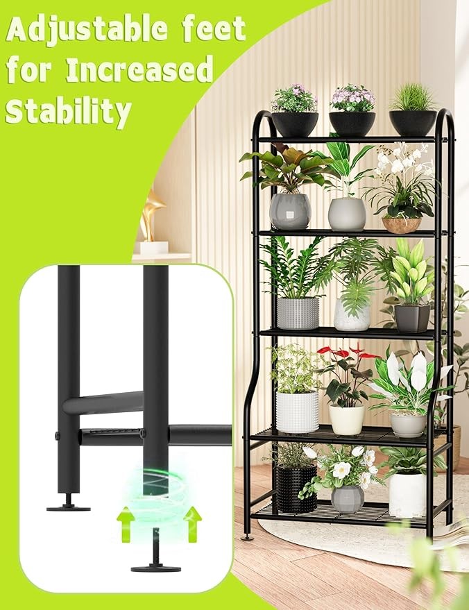5 Tier Metal Plant Stand Indoor Outdoor Waterproof Tall Flower Shelf Black
