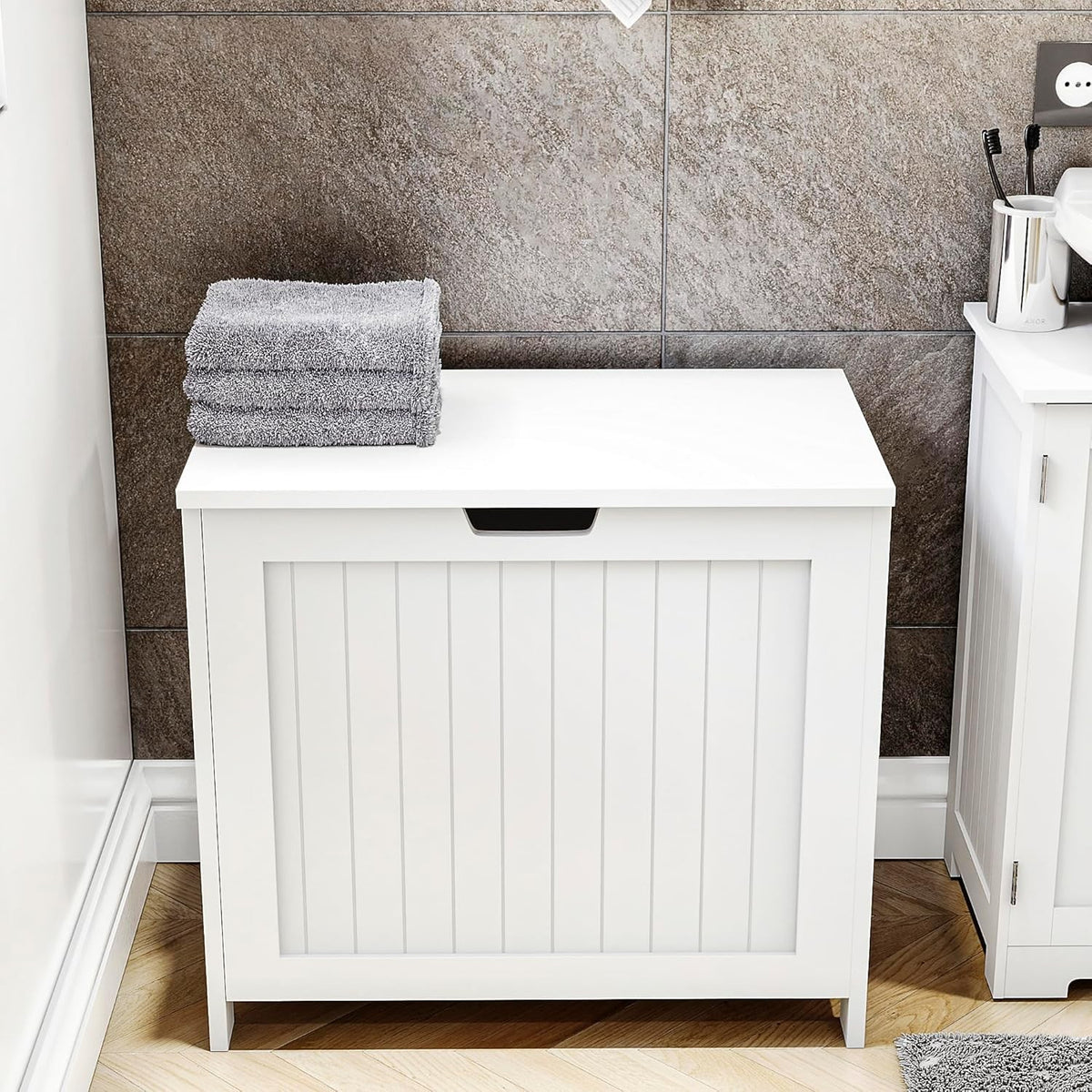 White Wooden Laundry Hamper Large Modern Hinged Lid Basket 56×60×35cm FSC Wood