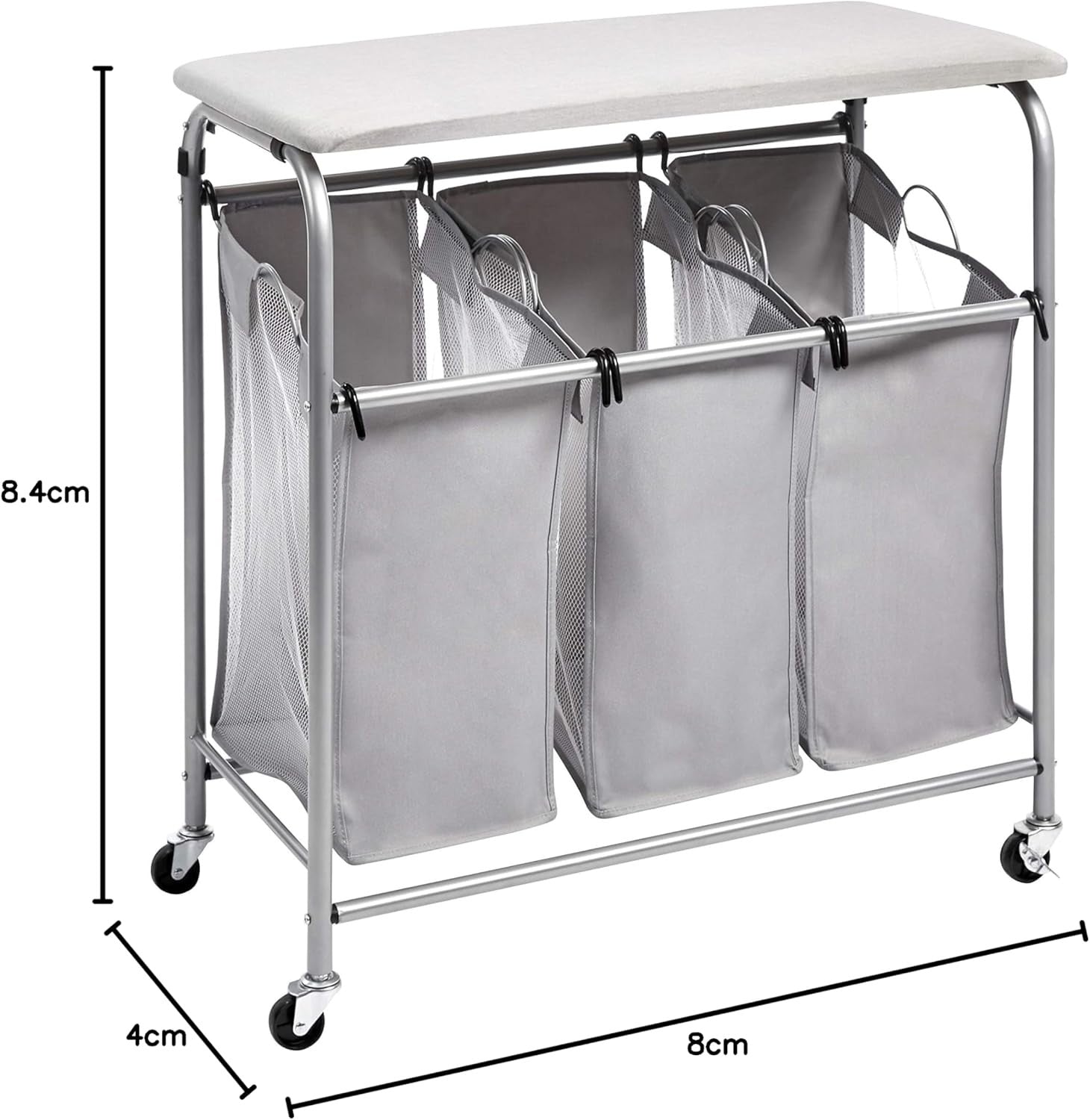 Laundry Sorter with Ironing Board 3 Bag Hamper Rolling Storage Unit