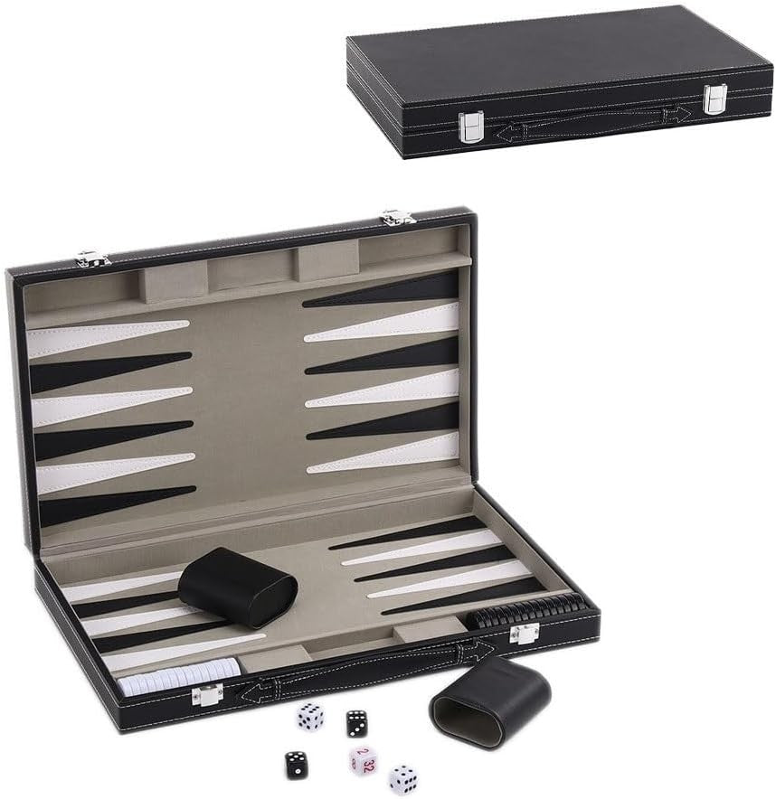 15 Inch Backgammon Set Black PU Leather Folding Travel Board Game 2 Player