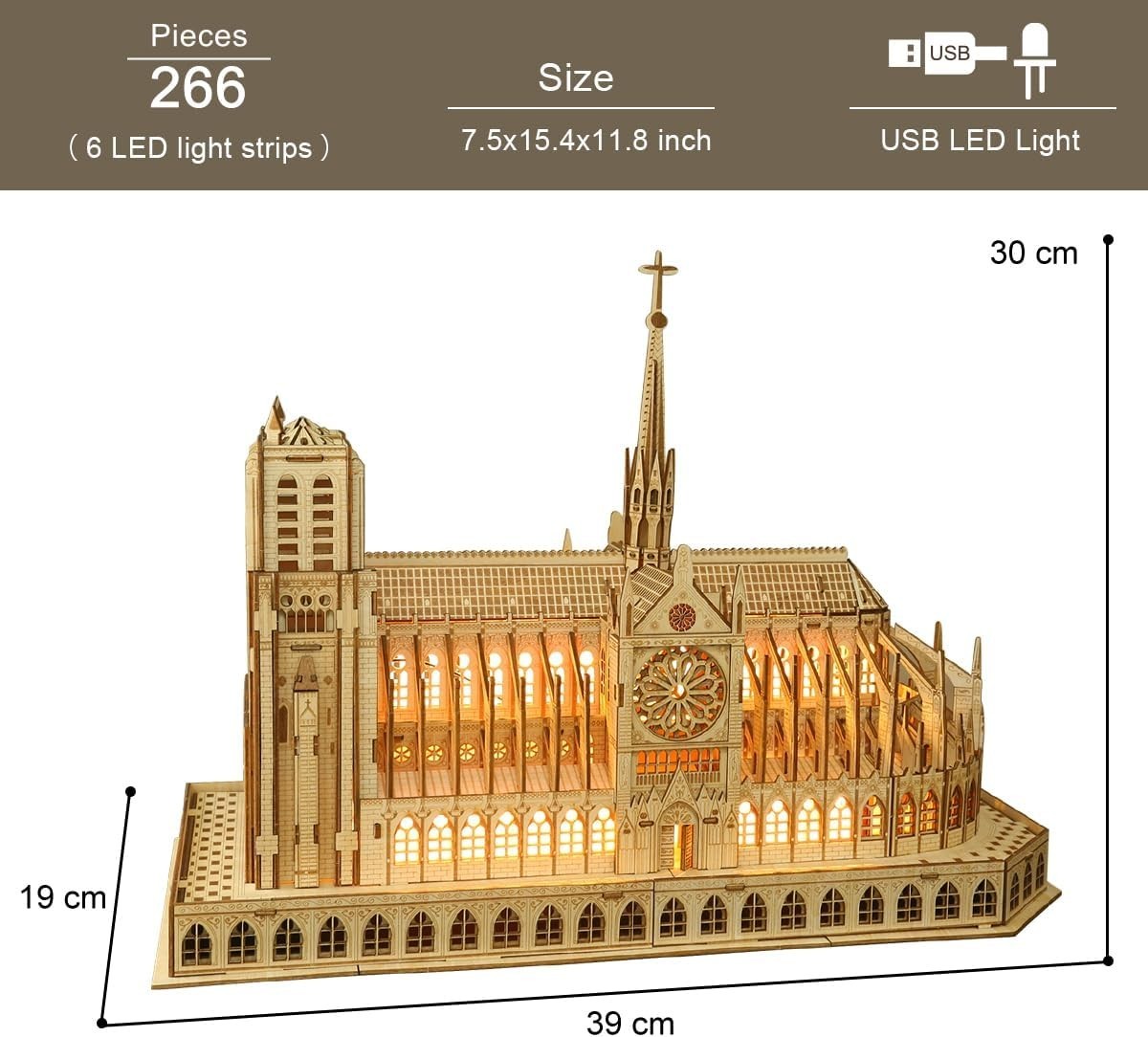 LED Lit Notre Dame de Paris 3D Wooden Puzzle Model – Realistic Build Kit