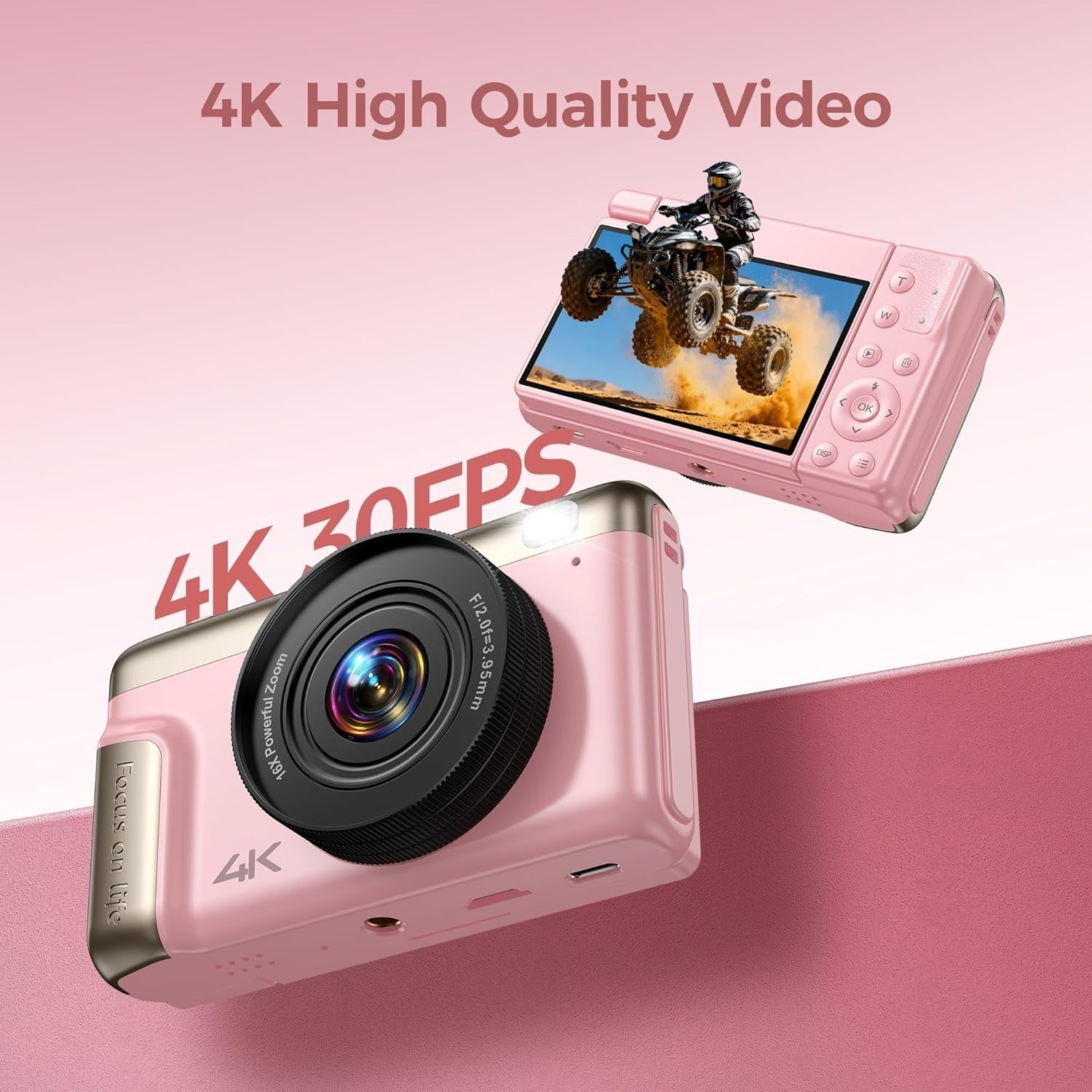 4K 64MP Digital Camera Flip Screen Vlogging Anti-Shake Zoom Pink
