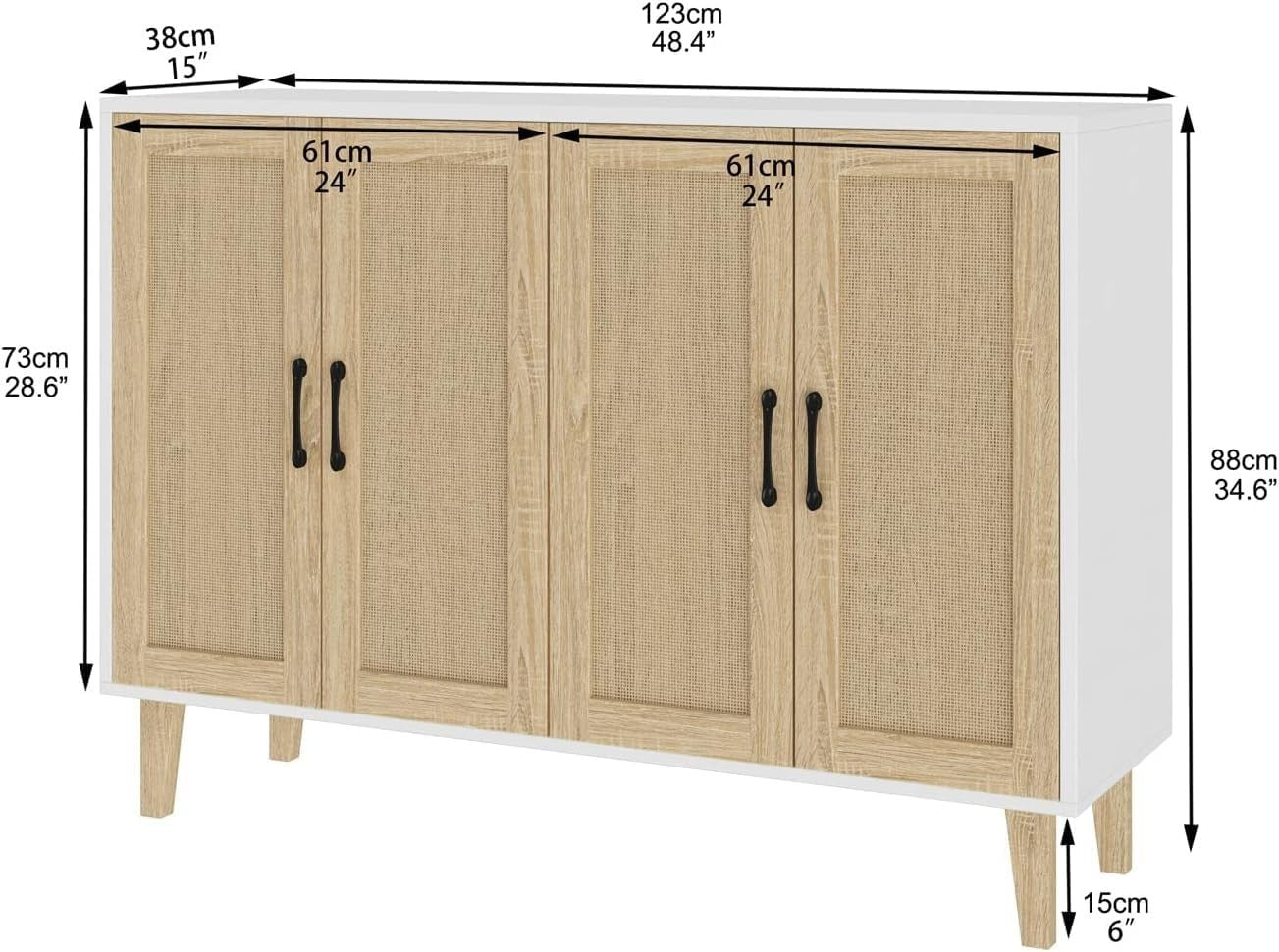 White Buffet Storage Cabinet with Adjustable Shelves Rattan Accent Modern