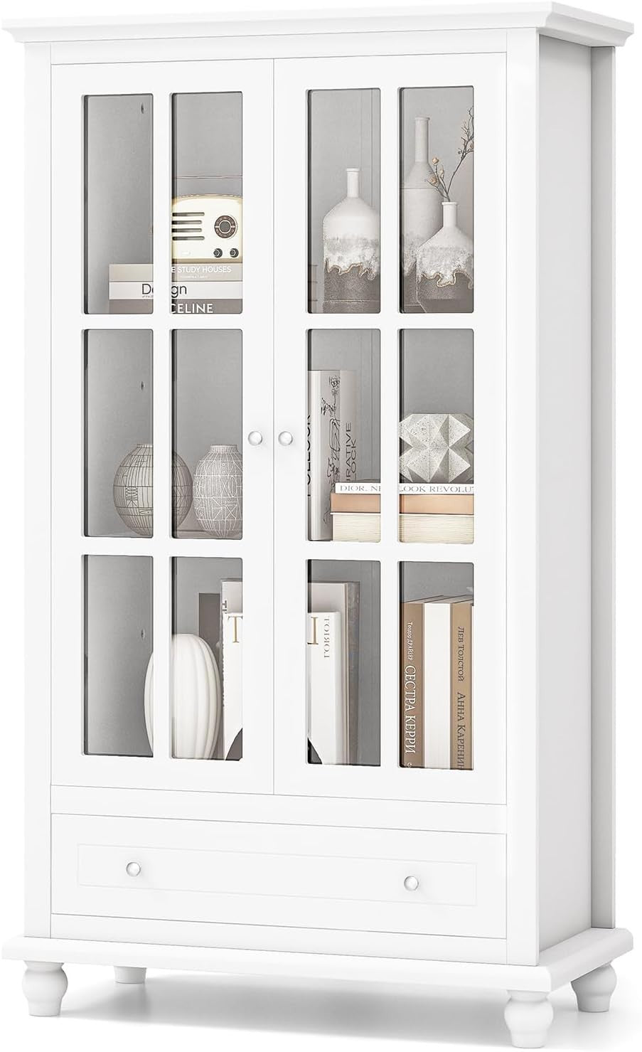 Modern White Wooden Bookcase with Tempered Glass Doors & Drawer