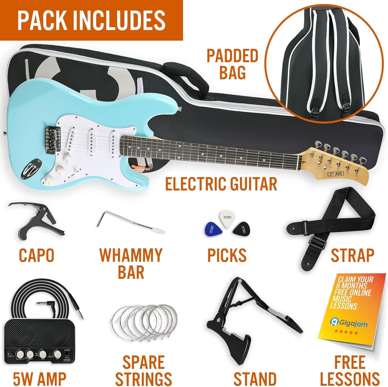 Full Size 4/4 Electric Guitar Starter Kit with Amp Pastel Blue