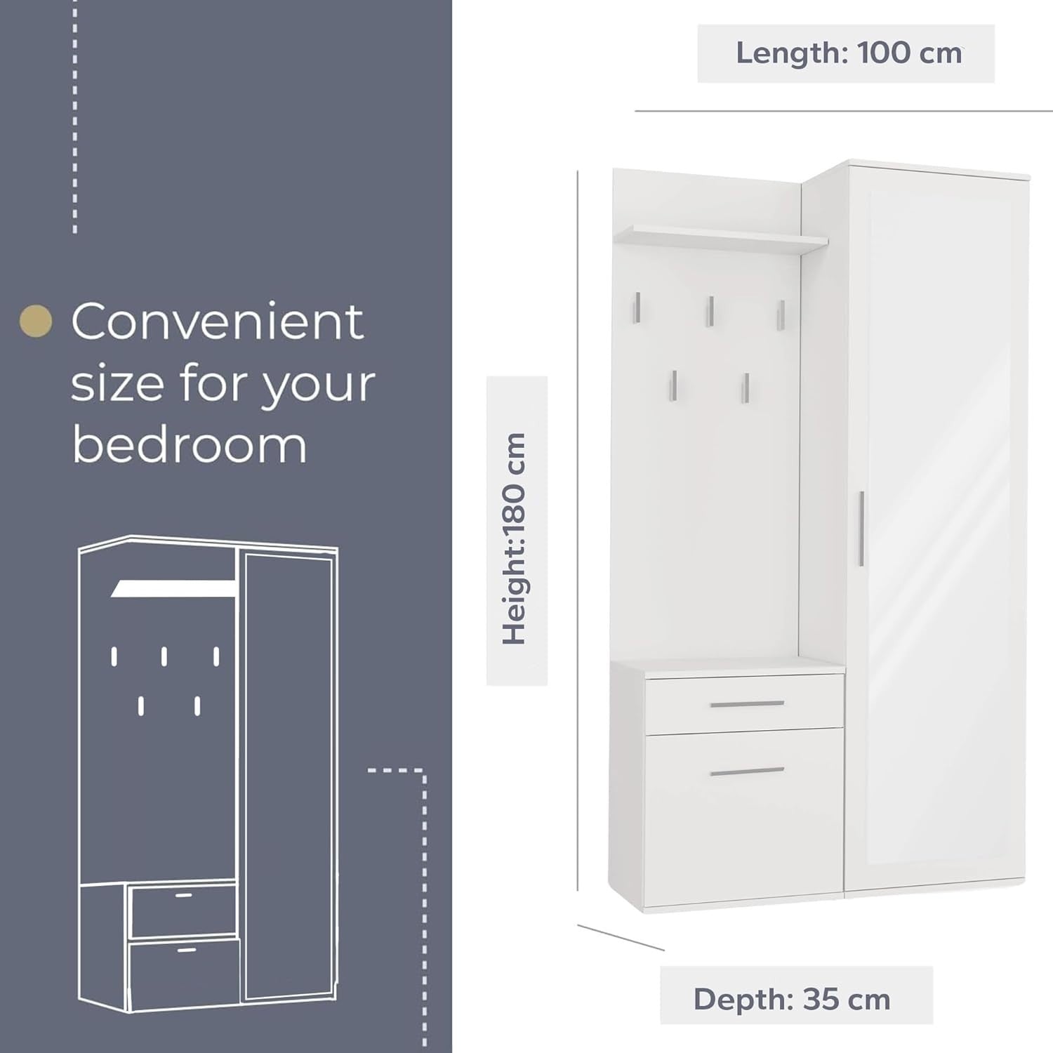 Modern White Hallway Wardrobe with Drawers, Hooks & Shoe Storage, 180cm