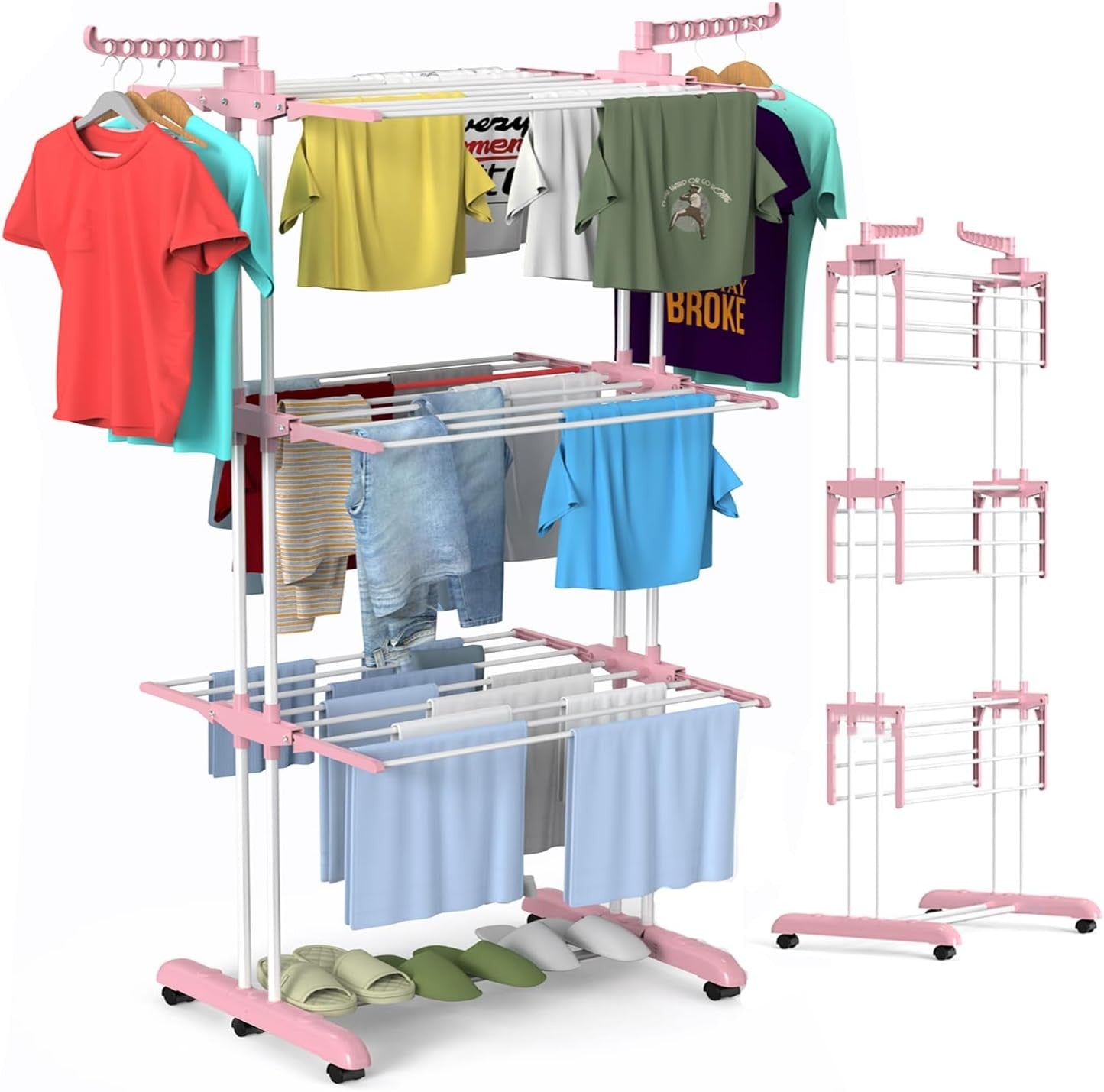 4 Tier Clothes Airer Folding Laundry Drying With Wheels Stainless Steel