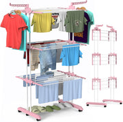 4 Tier Clothes Airer Folding Laundry Drying With Wheels Stainless Steel