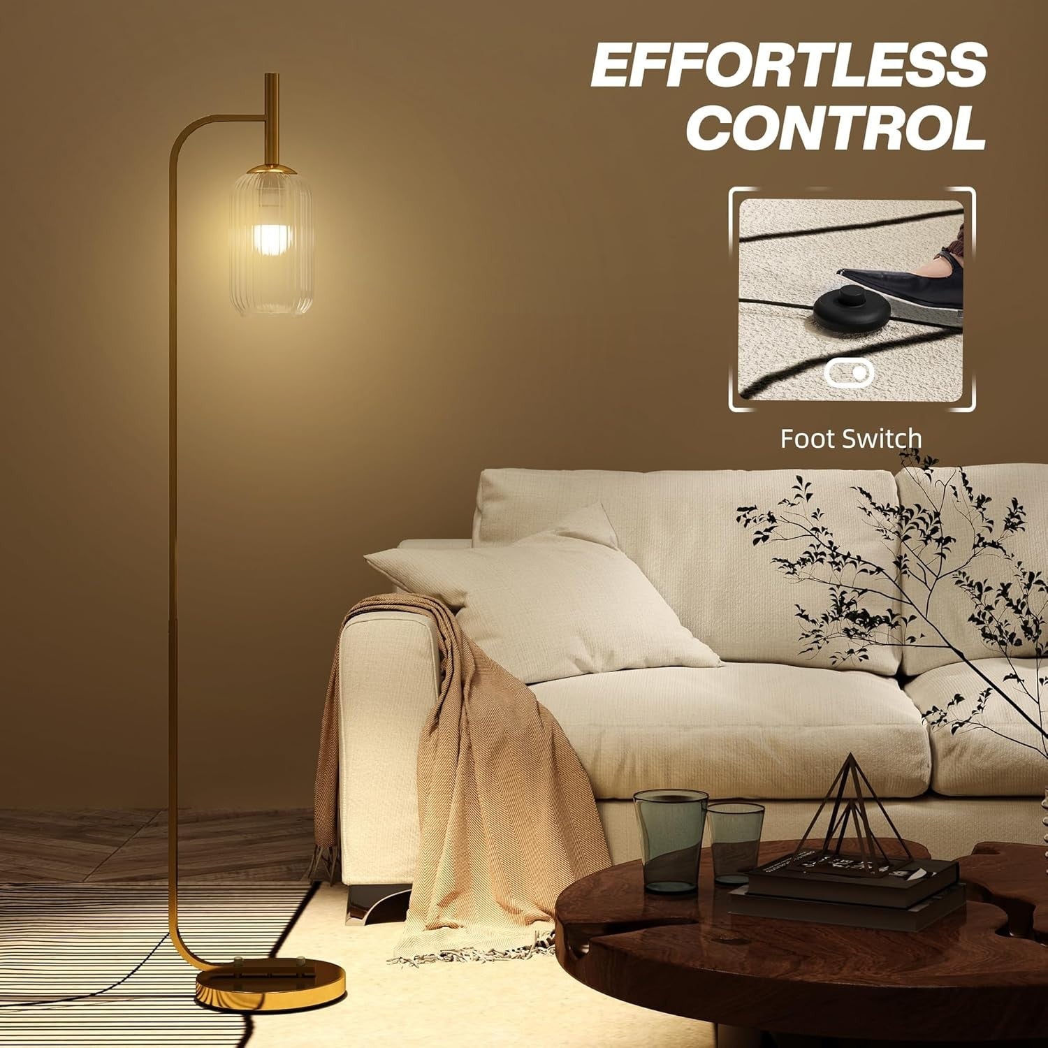 Gold Floor Lamp Glass Shade Standing Light Foot Switch Living Room Bedroom