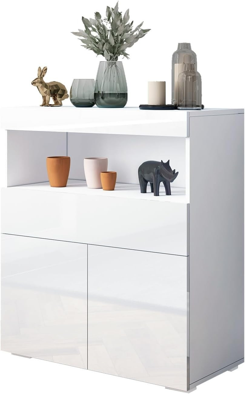 LED Sideboard Cabinet High Gloss Storage Unit 2 Doors 1 Drawer White