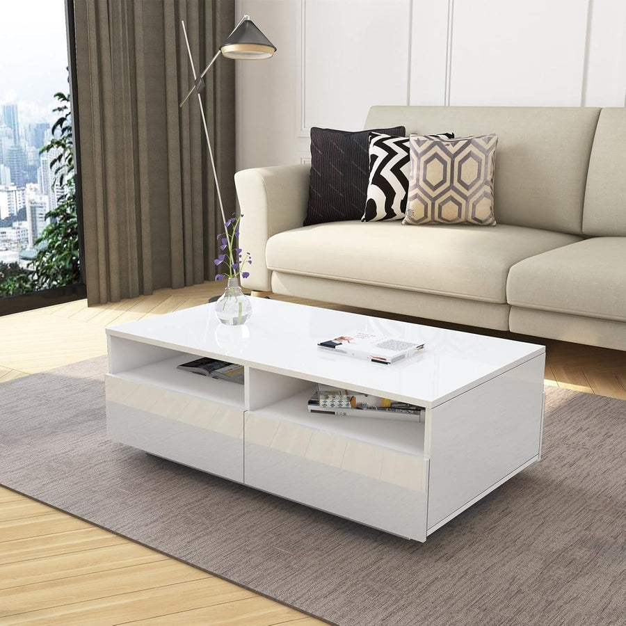 Modern White Gloss Coffee Table 4 Drawers Storage 85x55x35cm Stylish Design