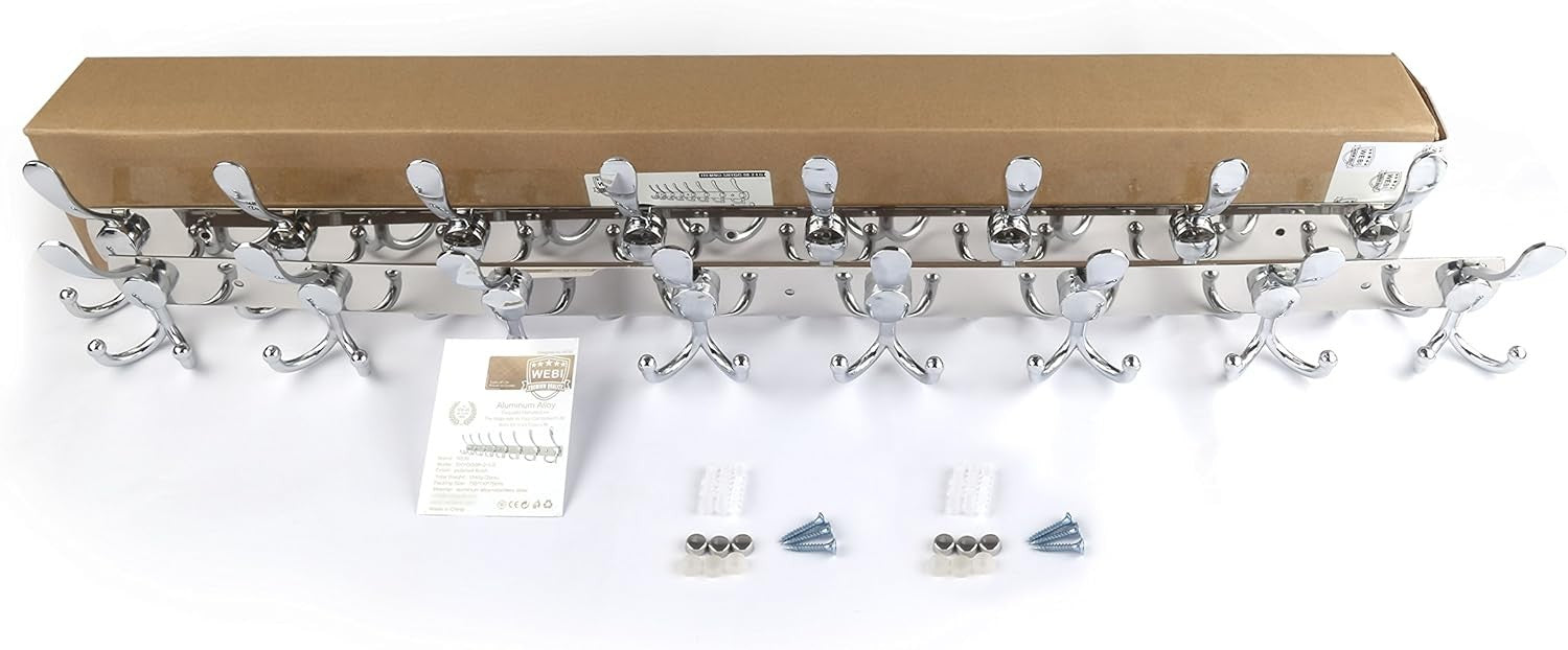2 Pack 75cm Wall Mounted Coat Racks with 8 Hooks | Chrome Metal Hook Rail