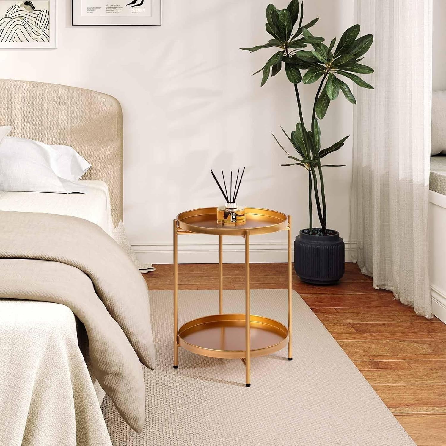 Gold Metal Round Side Table – 2 Tier Removable Tray, Small Coffee Table