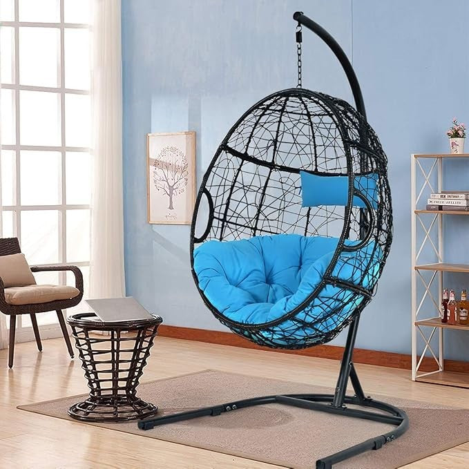 Hanging Egg Chair with Stand – Rattan Wicker, Cushions, Indoor Outdoor Use