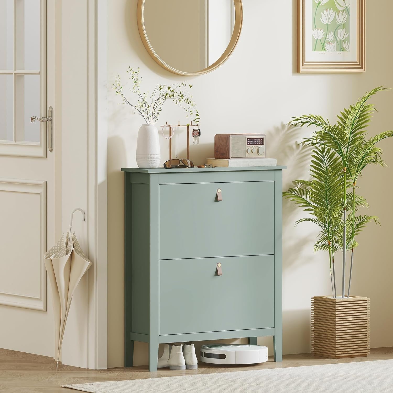 Narrow 2 Drawer Shoe Cabinet with Flip Doors & Adjustable Shelves 80x24x95cm