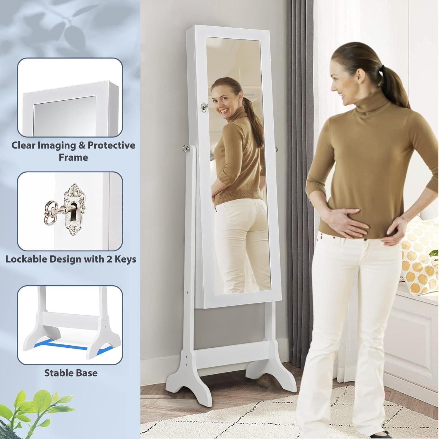 White Standing Jewelry Organizer Mirror Lockable Armoire Adjustable Angle