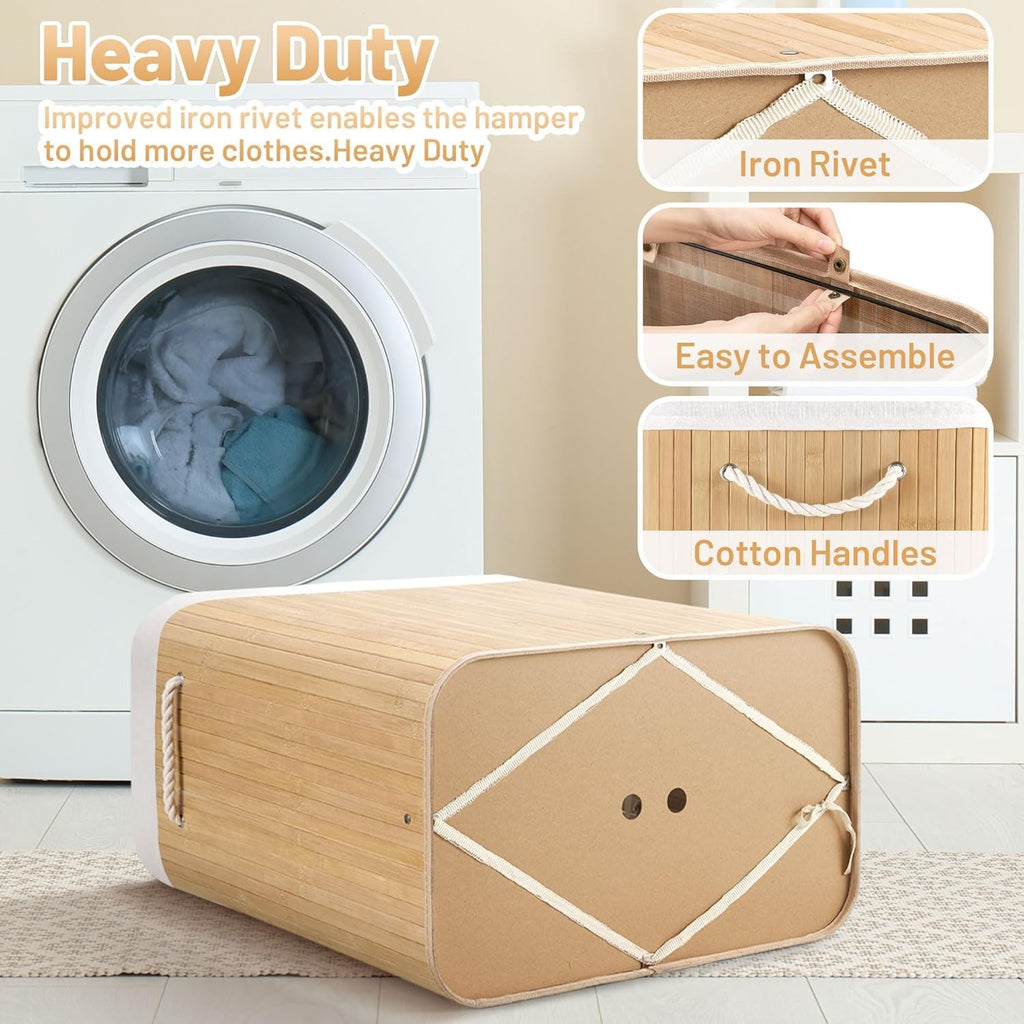 100L Bamboo Laundry Hamper with Lid 2-Section Foldable Clothes Basket Beige