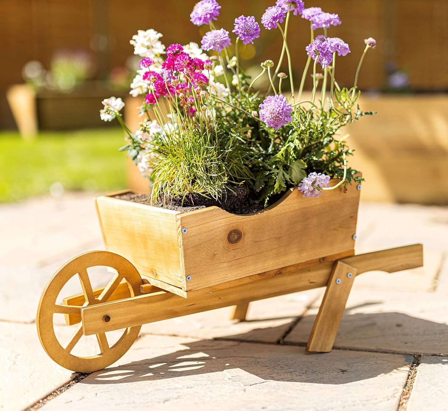 Large Wooden Wheelbarrow Planter – Pine Wood Garden Flower Box Rustic Decor