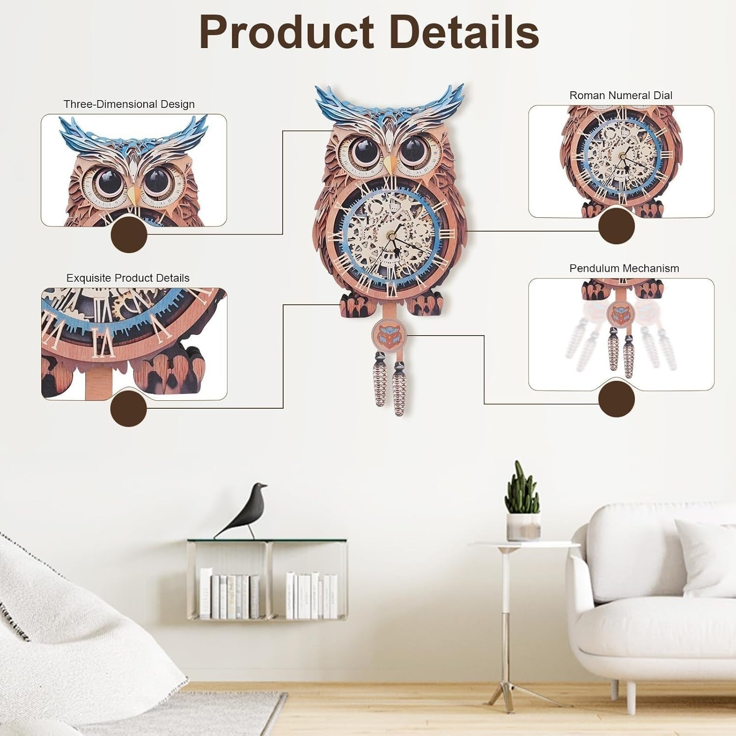Silent Wooden Owl 3D Puzzle Clock with Pendulum - DIY Wall Decor 21x43cm