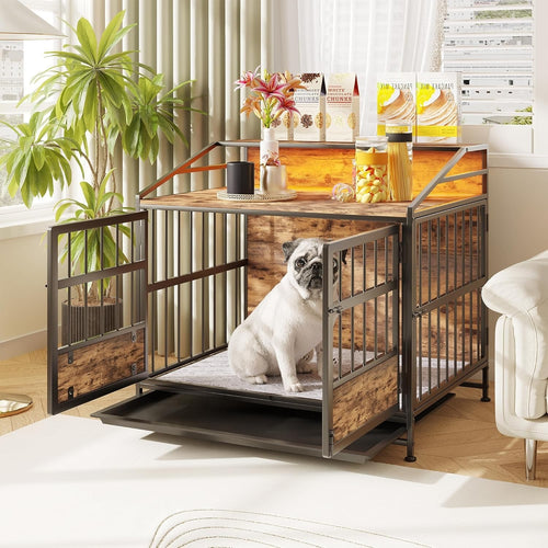 Heavy Duty Dog Crate Furniture with LED Light & Removable Tray, Medium