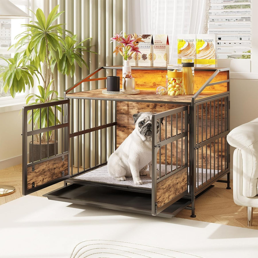 Heavy Duty Dog Crate Furniture with LED Light & Removable Tray, Medium