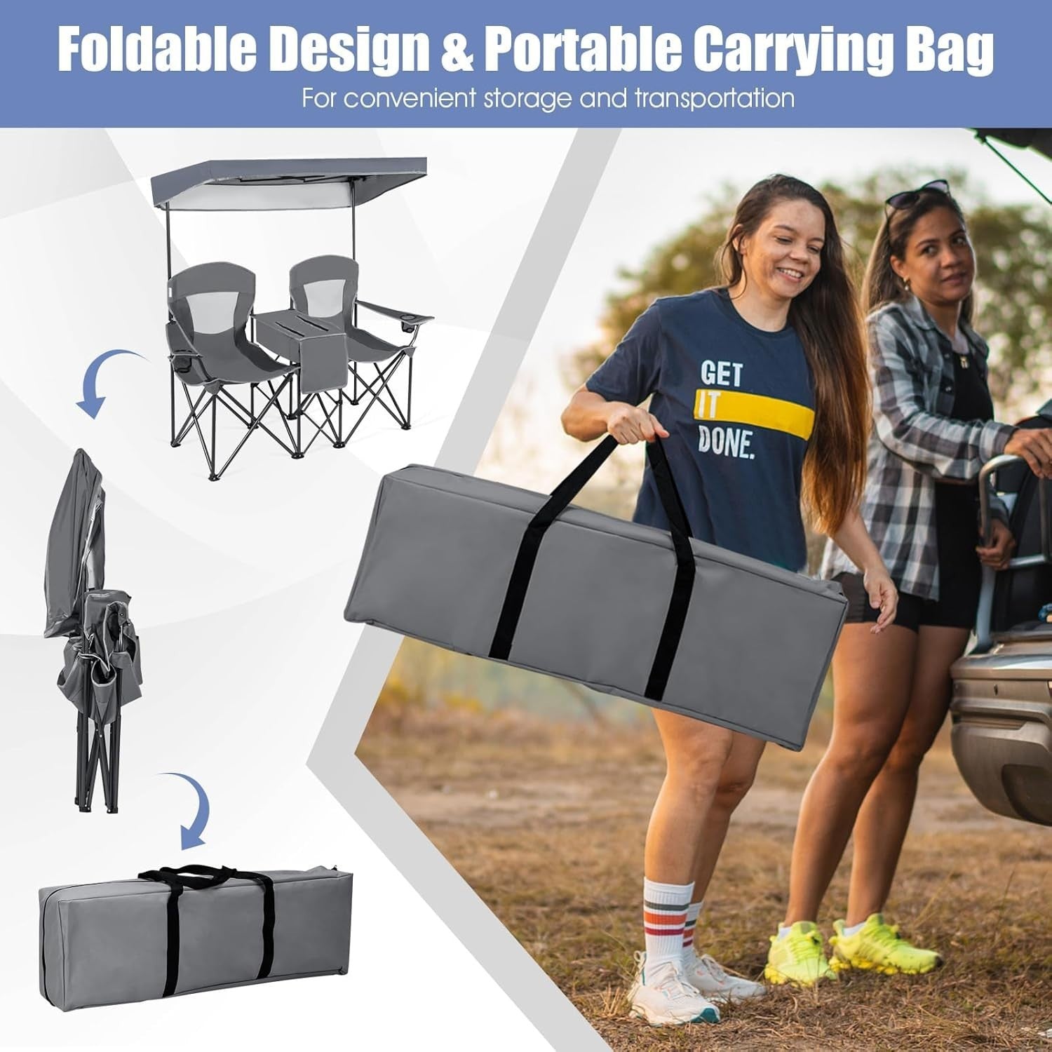Grey 2 Seat Folding Camping Chair w/ Canopy, Cooler Bag, Cup Holders, Case