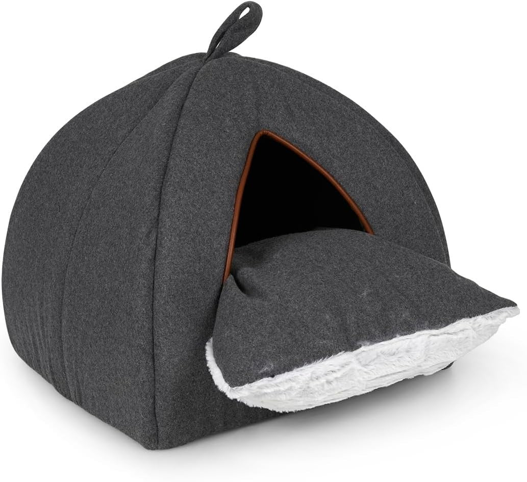 Graphite Grey Felt Cat Igloo Bed Soft Fleece Cushion Cozy Pet Hideaway