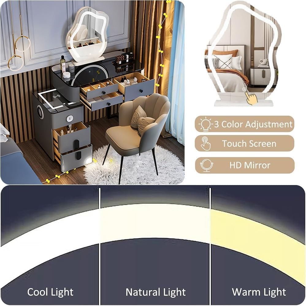 Makeup Vanity Set w/LED Touch Mirror & Bluetooth Speaker USB Charger Grey