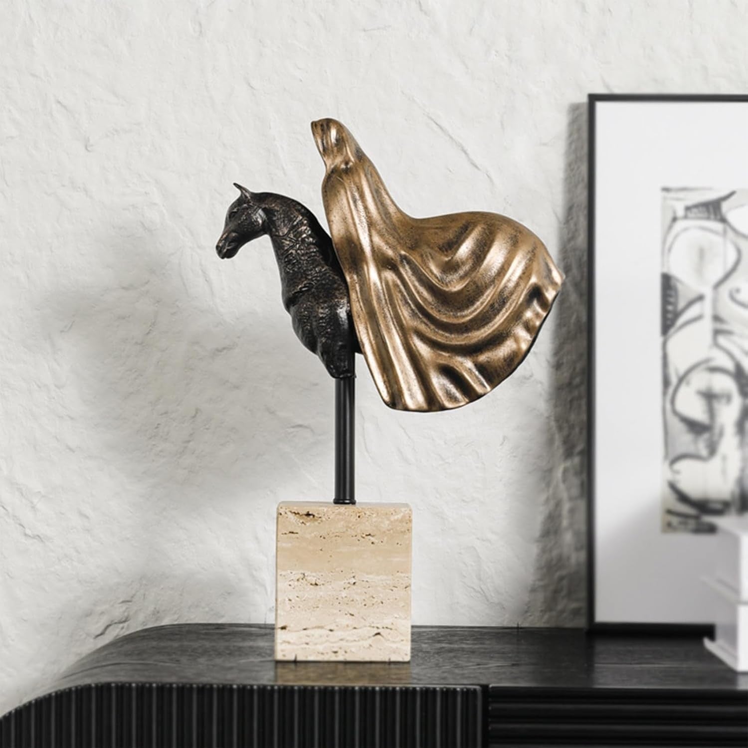 Resin Horse Sculpture with Marble Base 35cm Tabletop Decor