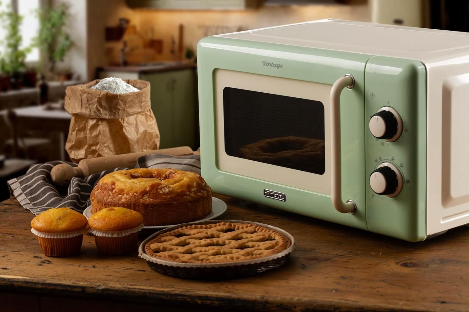 20L 800W Vintage Mechanical Microwave with 5 Power Levels, Green