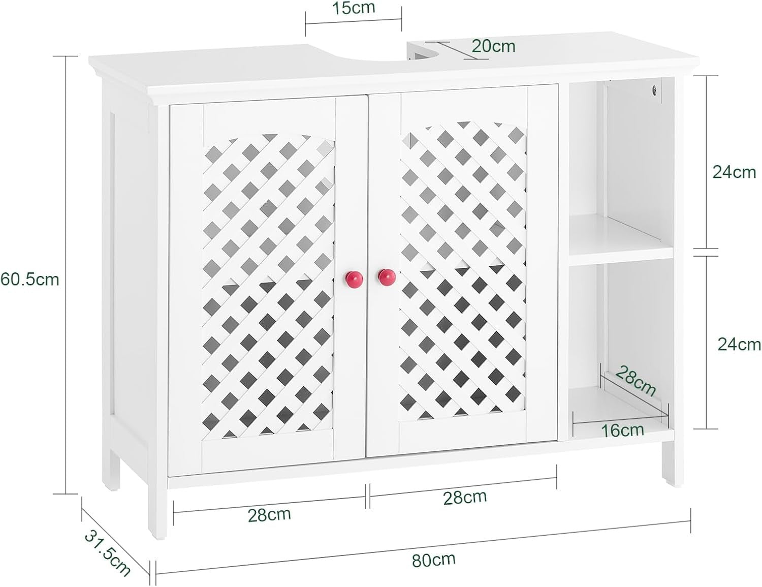 White Under Sink Bathroom Cabinet 2 Door Storage Cupboard with Adjustable Shelf