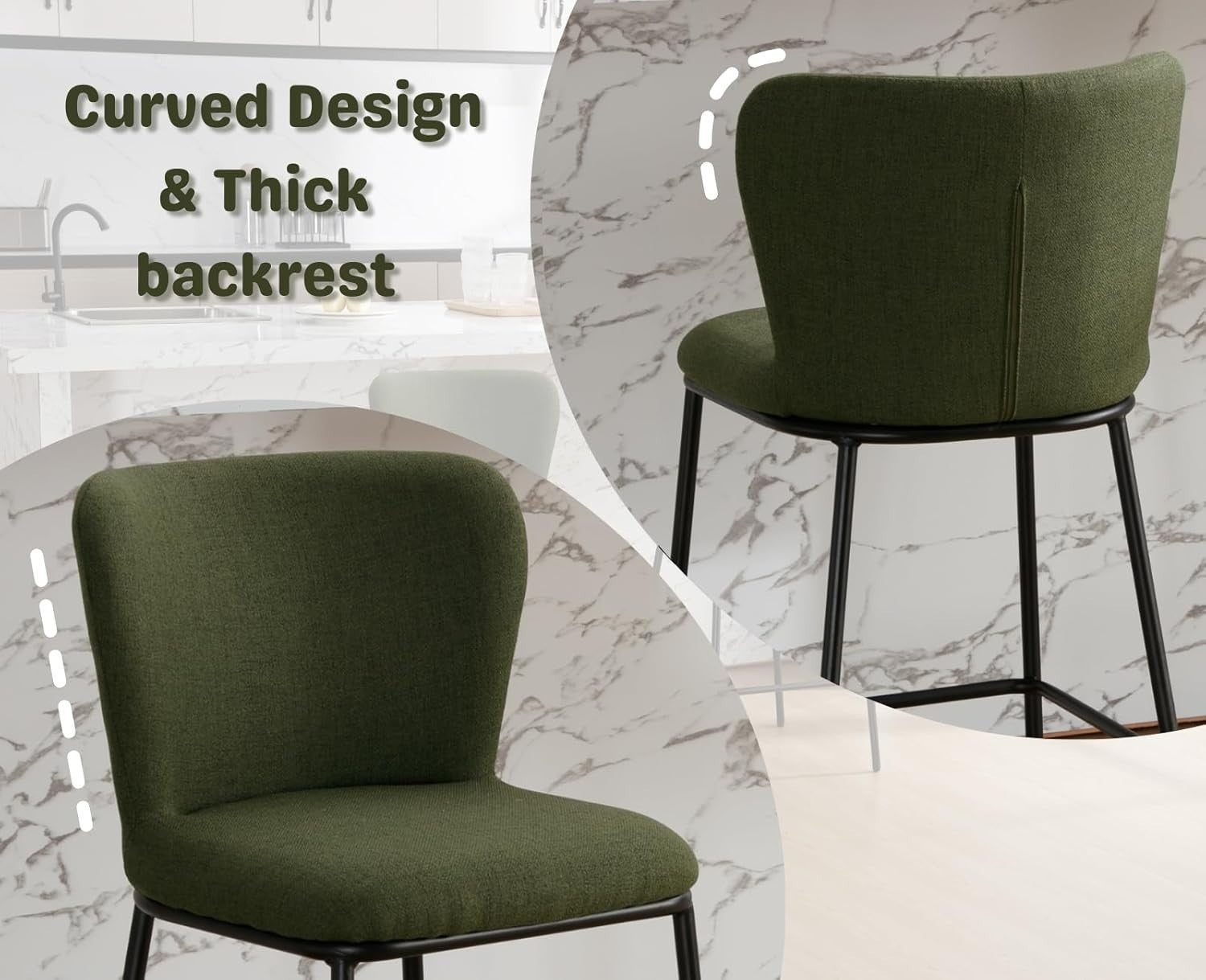Green Linen Bar Stool Set 2 – Upholstered High Counter Kitchen Chairs