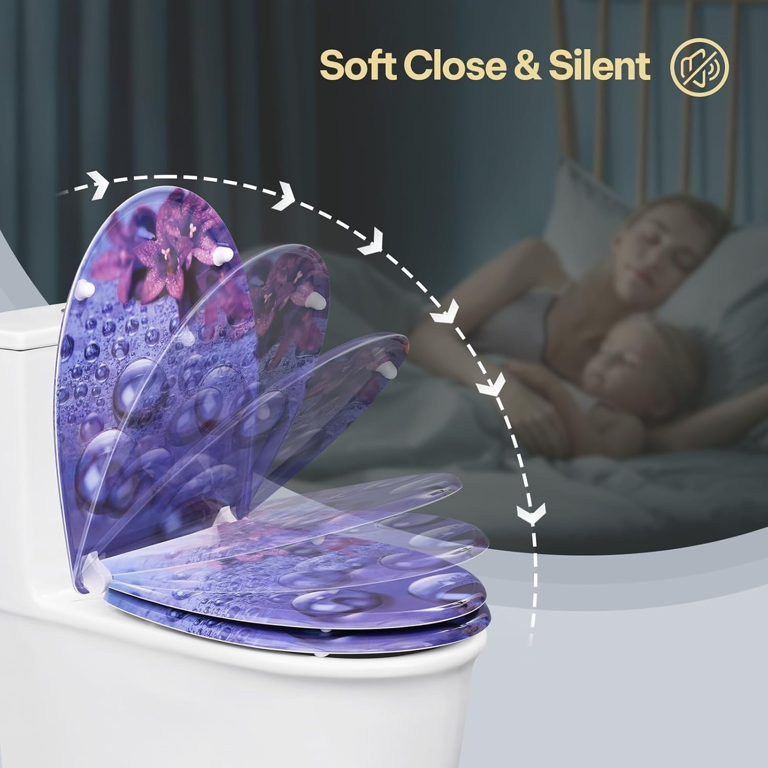 Soft Close O-Shaped Toilet Seat Quick Release Duroplast Violet Raindrops Print