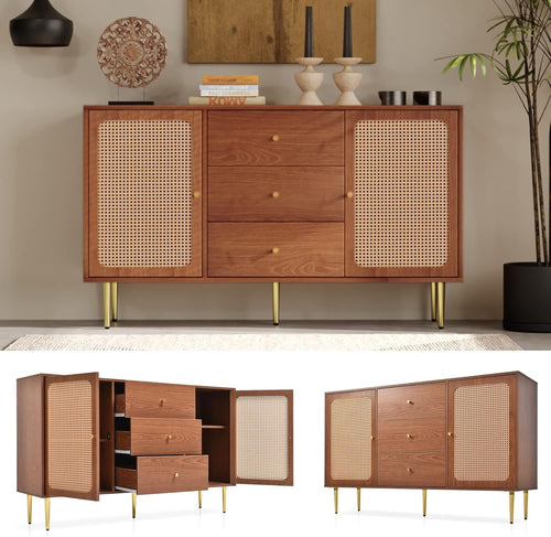Modern Walnut Sideboard Cabinet Rattan Doors 3 Drawers Storage Unit