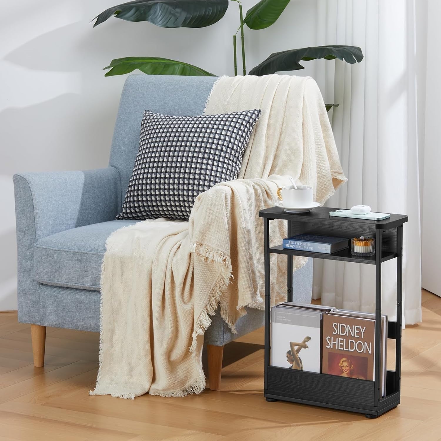 Slim Black Side Table for Small Spaces – 3-Tier Storage Bedside Unit 55cm