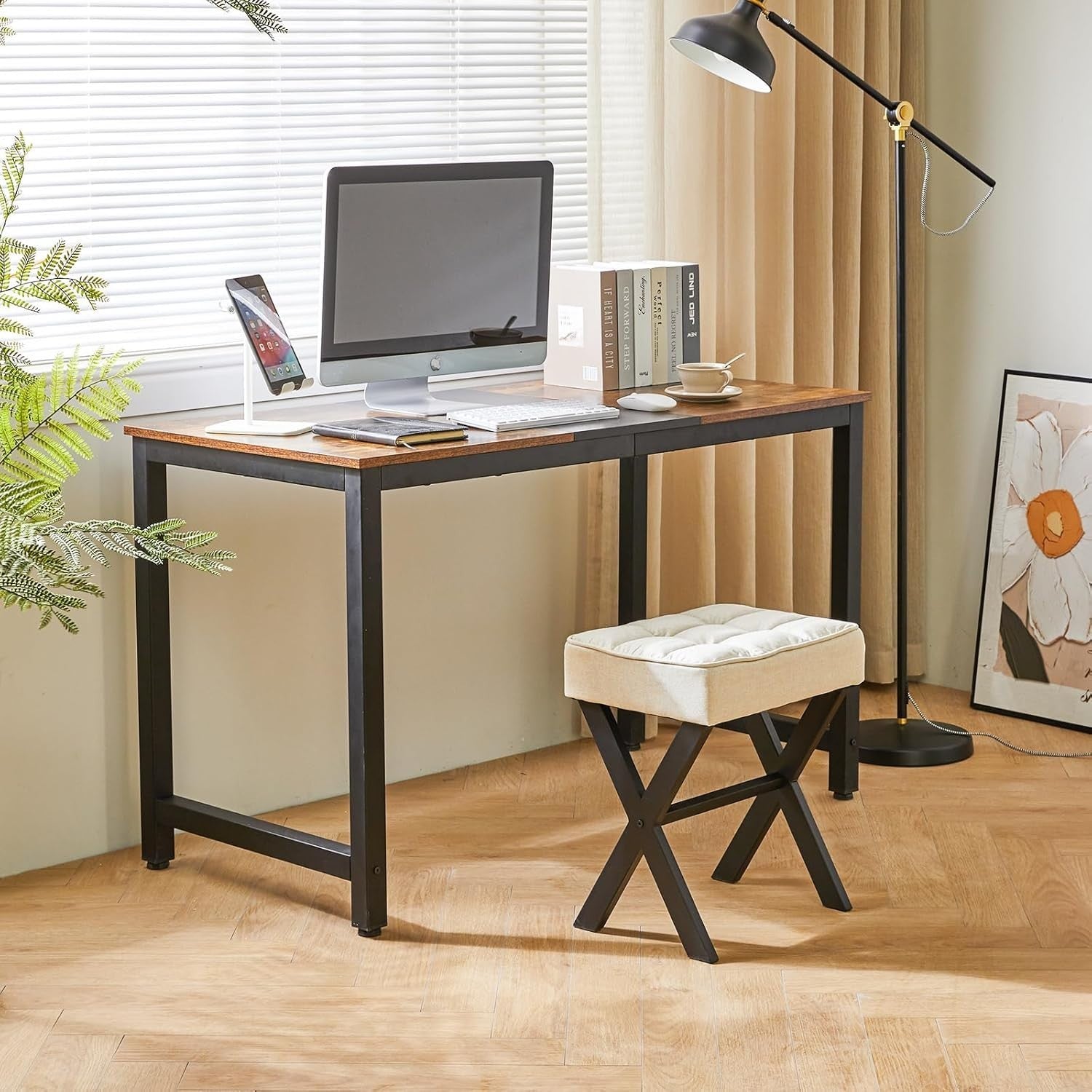 Grey Linen X-Leg Makeup Stool – Modern Ottoman Footrest & Side Table