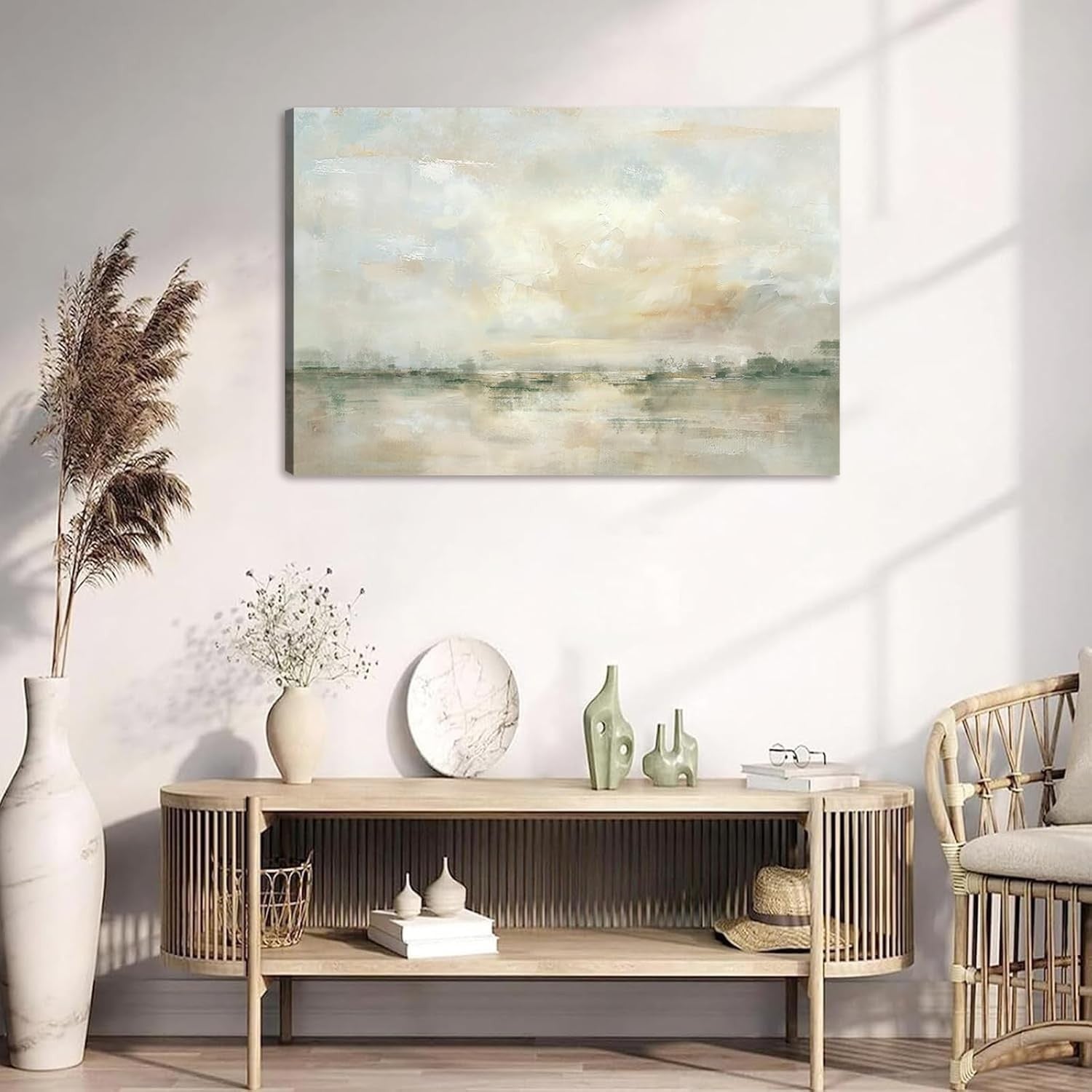 Abstract Neutral Canvas Wall Art Framed Modern Watercolor Landscape Decor