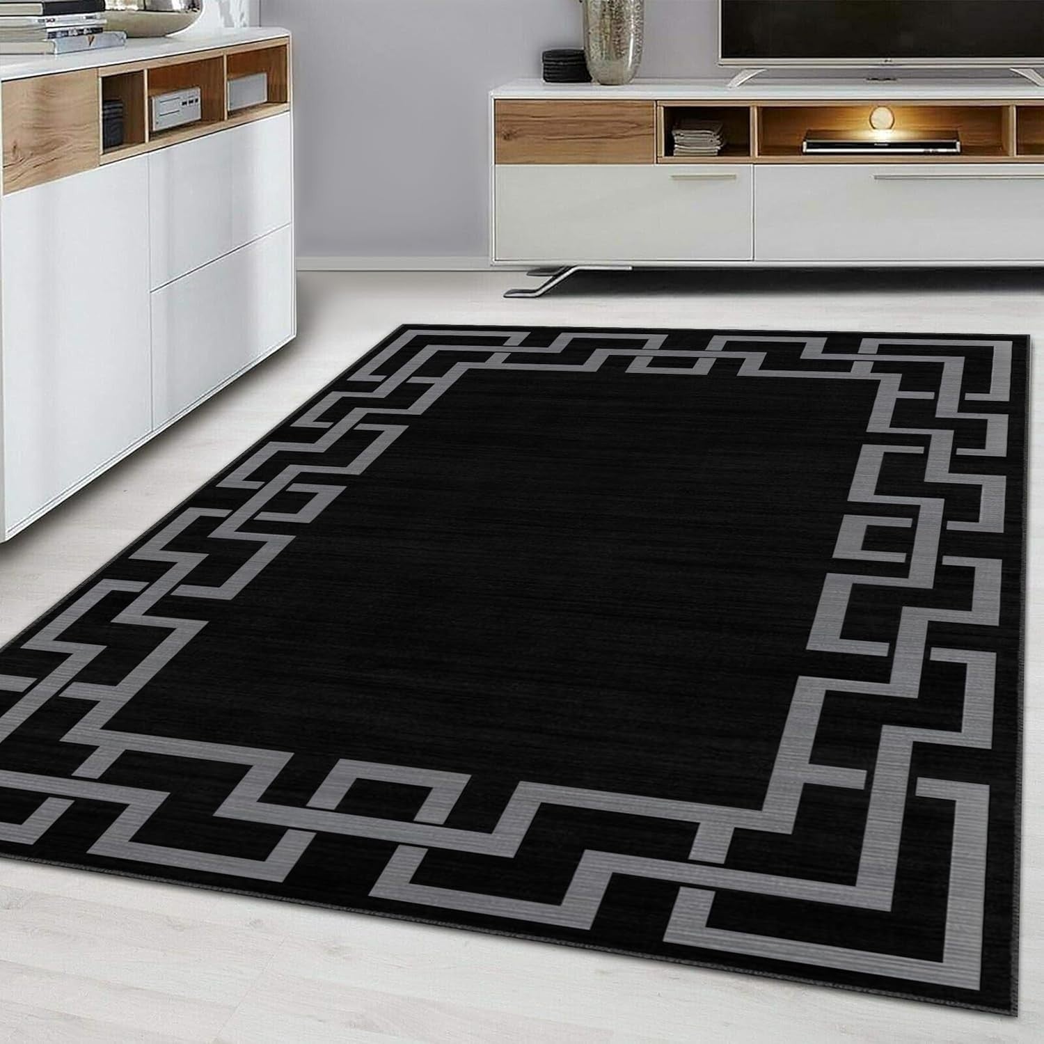 Black Greek Key Large Rug Soft Modern Area Carpet Non-Shedding 160x230cm