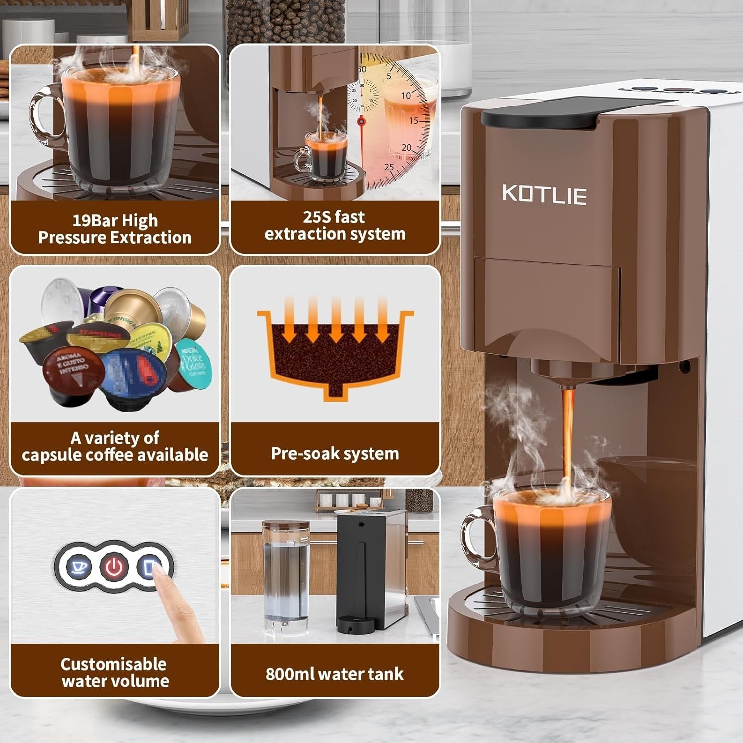 4-in-1 Espresso Coffee Machine | 19Bar Pressure | Capsule & Ground Compatible