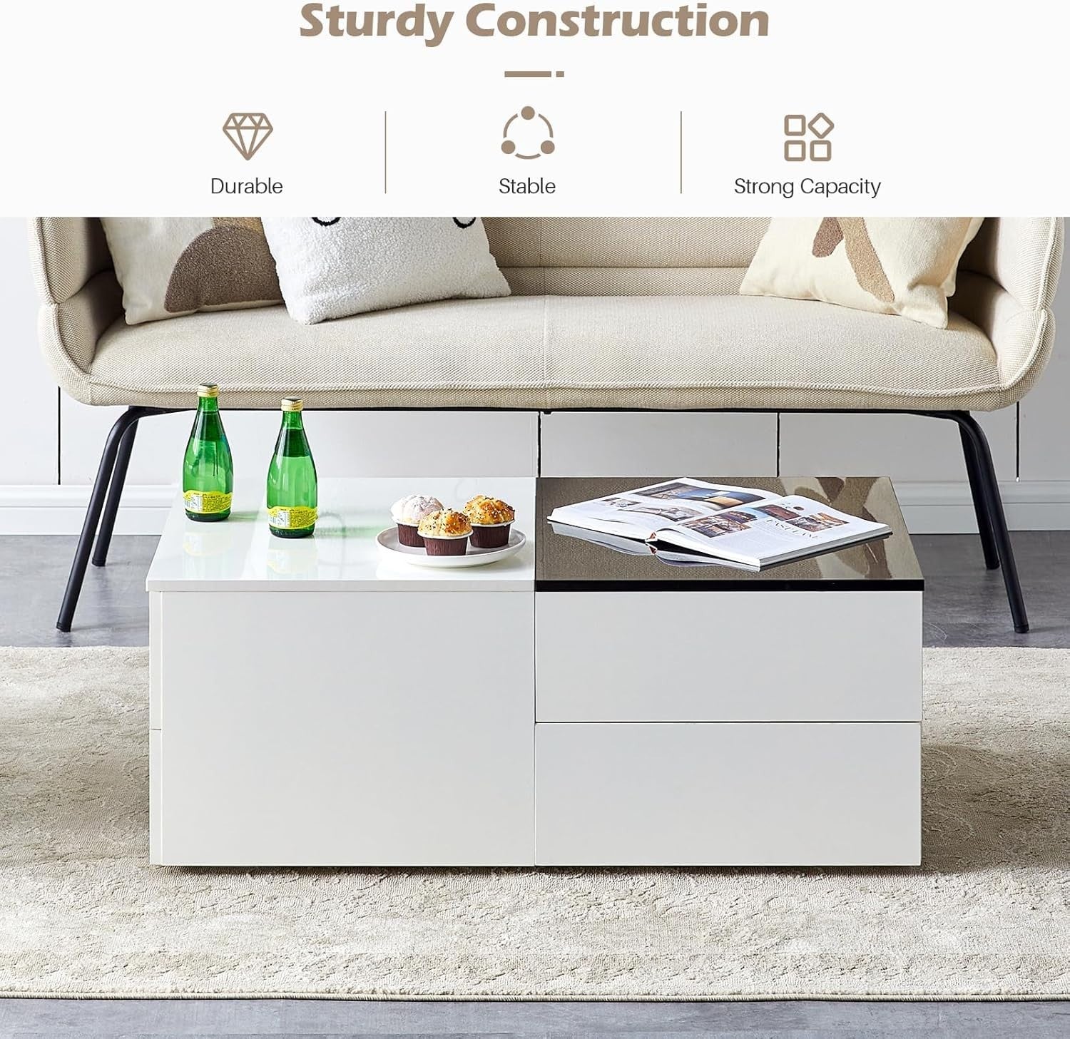 Modern High Gloss Coffee Table with 3 Drawers & Hidden Storage 100x60x40cm