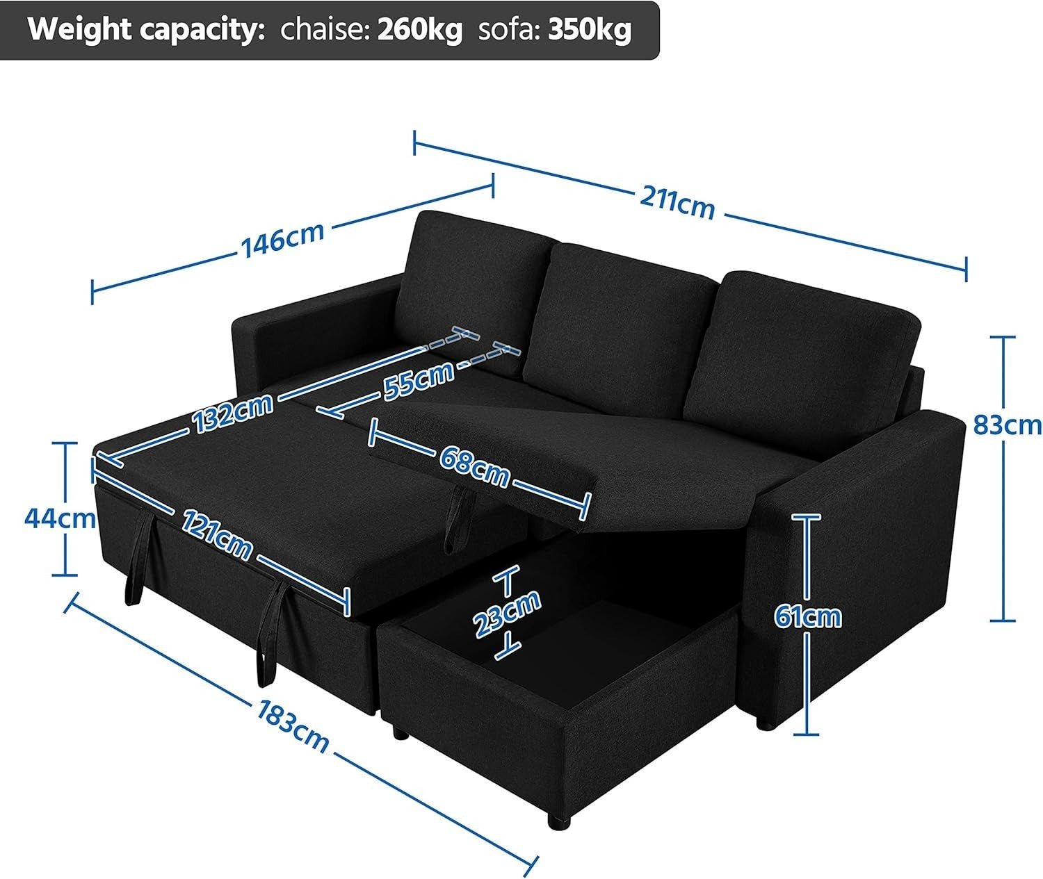 3 Seater L-Shaped Sofa Bed Black Corner Couch Pull Out with Storage