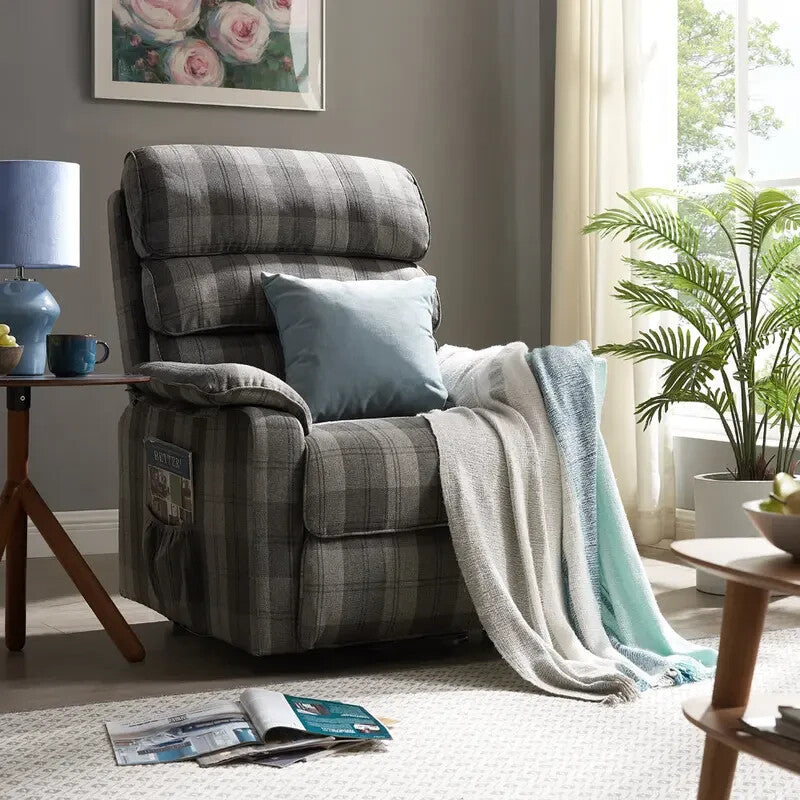 Electric Riser Recliner Chair Grey Tartan – Lift & Tilt Armchair w/ Remote