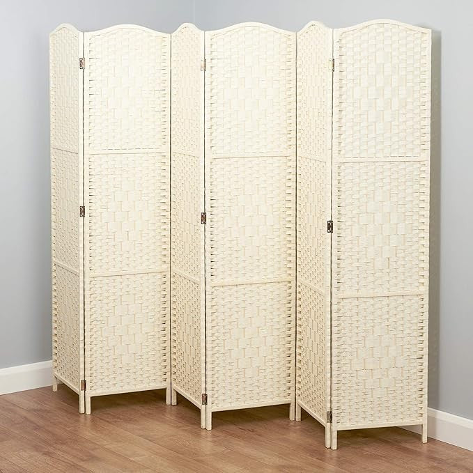 Cream Wicker Folding Room Divider 6 Panel – Elegant Solid Weave Privacy Screen