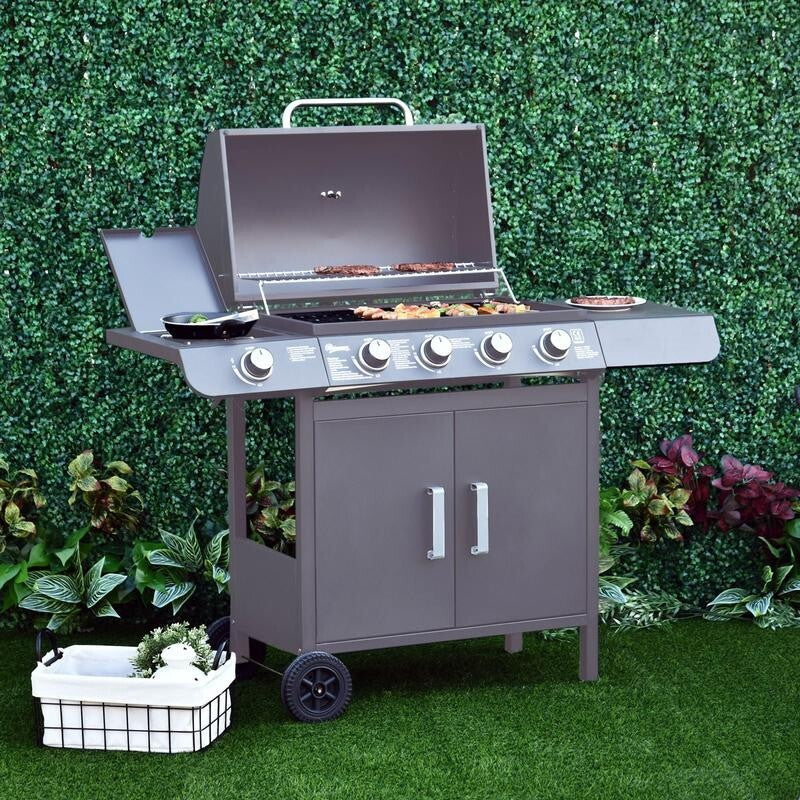 4+1 Burner Gas BBQ Grill with Thermometer, Side Shelves, Cabinet & Wheels