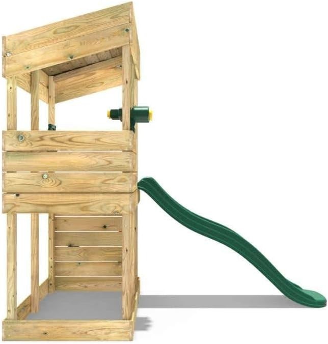 Wooden Kids Lookout Tower Playhouse Outdoor w 6ft Slide Climbing Wall